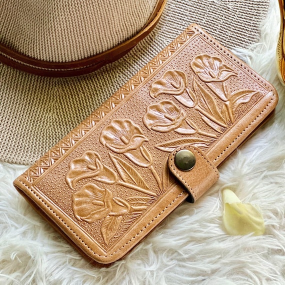 Embossed Calla Lily Leather Wallet for Women • Personalized Bifold Wallet