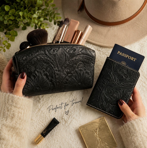 Personalized Leather Travel Set for Women • Handmade Passport Cover & Makeup Bag • Embossed Sustainable Leather Travel Essentials