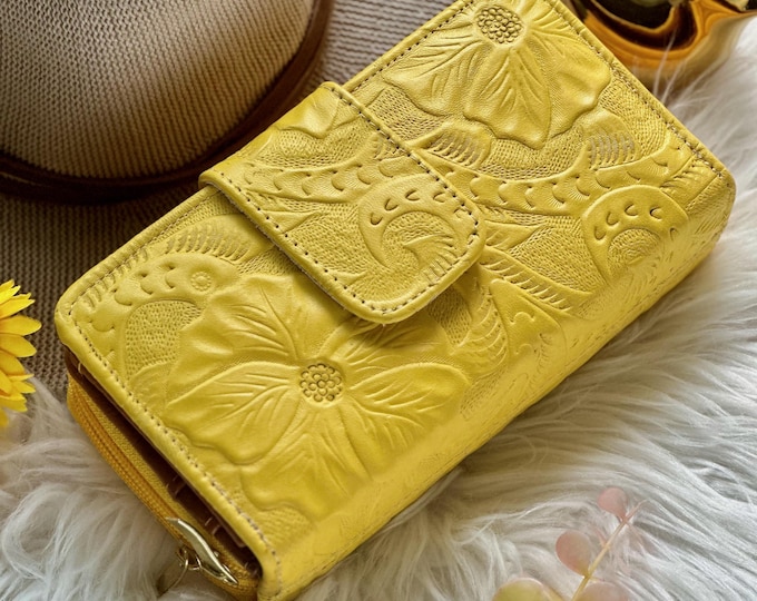 Embossed Flower Leather Wallet: Large Zip-Around Women's Wallet
