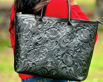Handcrafted Leather Tote Bag for Women: Floral Tooled Design, Zipper Closure