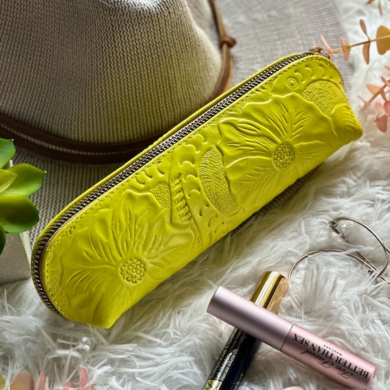 Personalized Leather Makeup Bag: Floral Cosmetic Travel Case