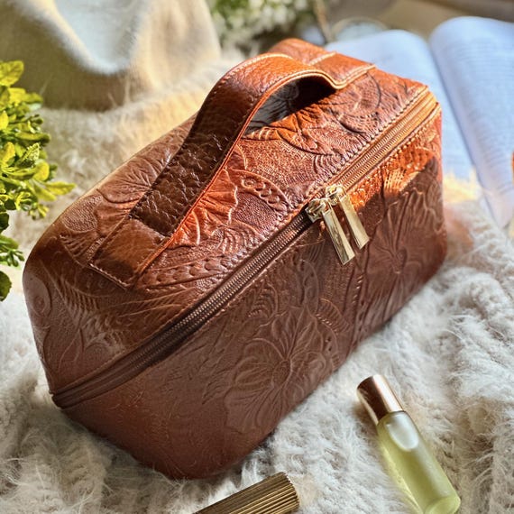 Floral Embossed Leather Makeup Bag, Personalized Cosmetic Organizer, Monogram Toiletry Bag, Travel Makeup Case, Gift for Mom