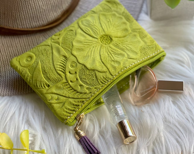 Embossed Leather Pouch for Women • Small Zipper Makeup Bag • Handcrafted Gift for Her