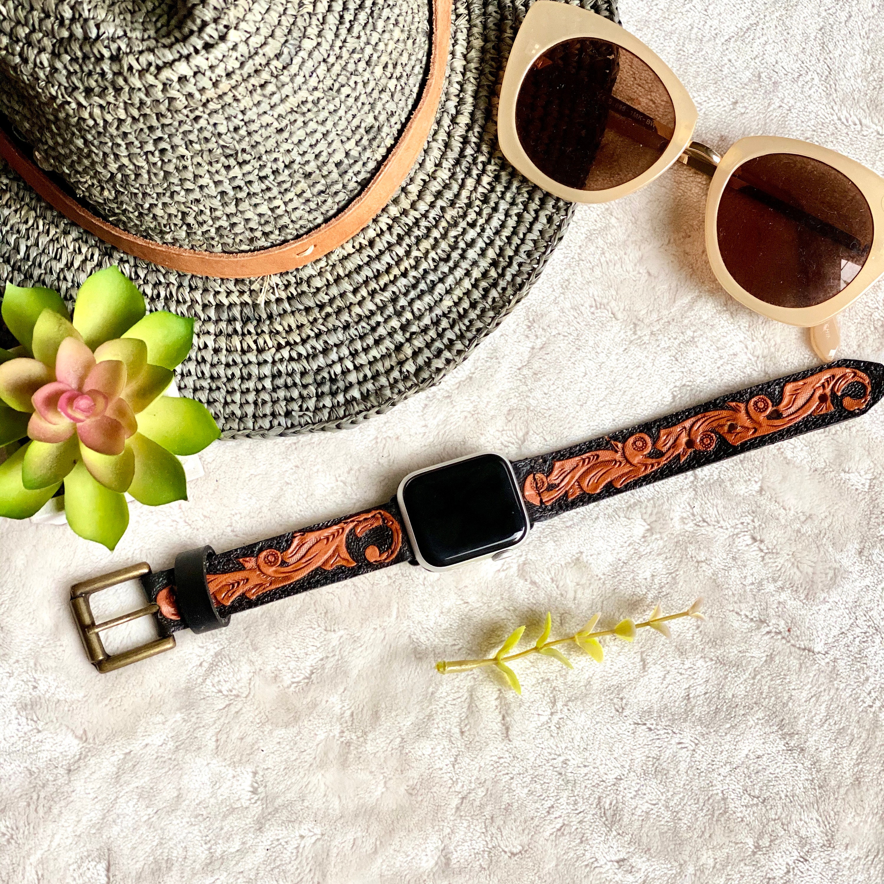 Handmade Tooled Apple Watch Band / Leather watch band. / Apple Watch 38