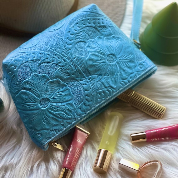 Embossed Leather Makeup Bag:  Travel Handmade Tooled Cosmetic Bag