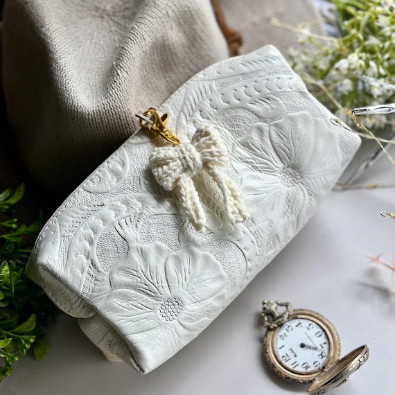 Handmade Leather Floral Makeup Bag: Personalized Boho Cosmetic Case