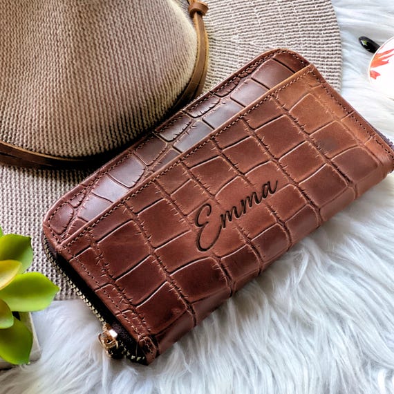 Personalized Embossed Goat Leather Wallet for Women, Zip Around Long Wallet, Custom Name Gift