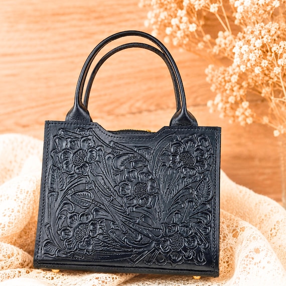 Handmade Tooled Leather Bag, Floral Leather Purse, Western Crossbody Bag, Black Leather Handbag, Boho Cottagecore Purse