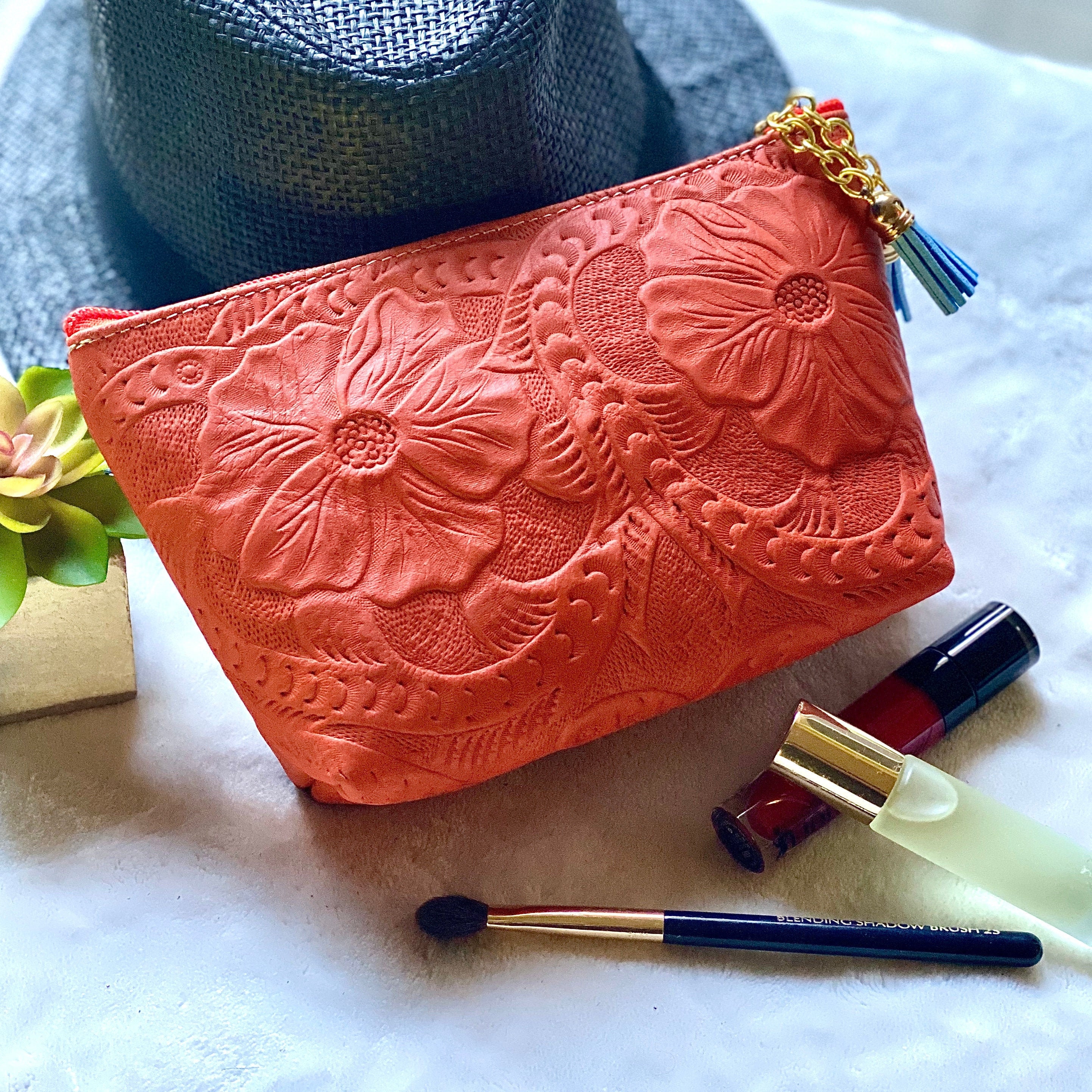 Authentic Leather Tooled Makeup Bag Handmade Cosmetic Bag Birthday