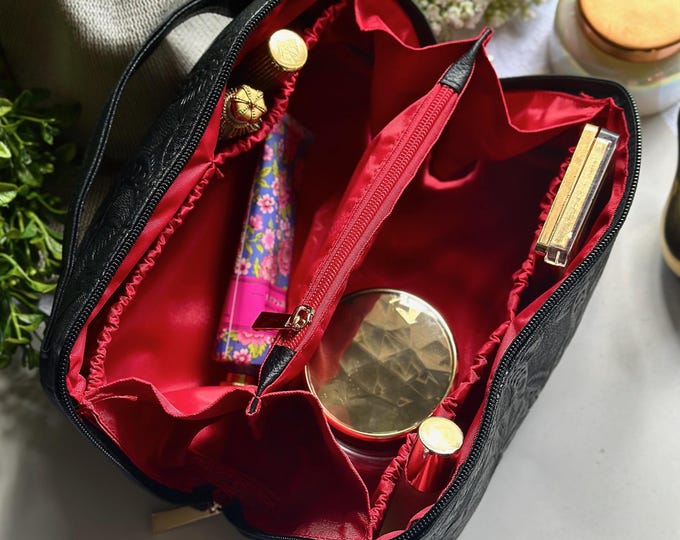 Gothic Black Leather Makeup Bag • Personalized Cosmetic Case • Handmade Travel Organizer Gift for Her