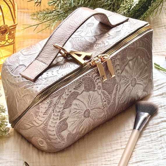 Leather Makeup Bag, Floral Embossed Travel Cosmetic Organizer, Personalized Gift for Her