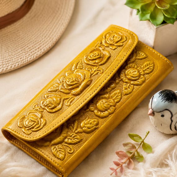 Embossed Rose Leather Wallet, Handmade Long Bifold Wallet, Personalized Western Floral Checkbook Wallet