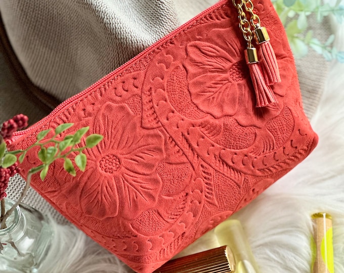 Embossed Leather floral makeup bag • Cosmetic bag • Birthday gift for her