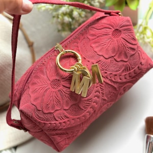 Handgefertigte Punzierte Leder Schminktasche: Geprägte Blumen Reise Kosmetiktasche