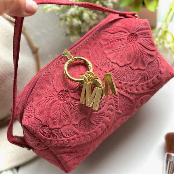 Handmade Tooled Leather Makeup Bag: Embossed Floral Travel Cosmetic Bag