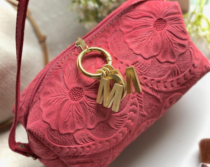 Handmade Tooled Leather Makeup Bag: Embossed Floral Travel Cosmetic Bag