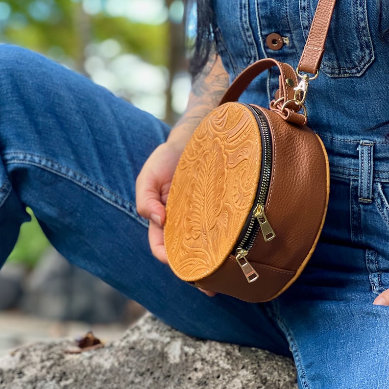 Cute tooled leather round bag crossbody bag women leather image 9
