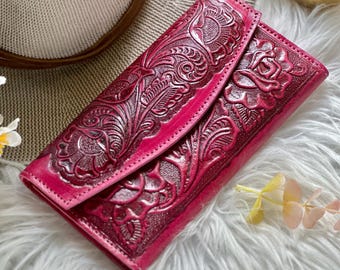 Personalized Leather Wallet for Women – Tooled Floral Western Wallet – Engraved Anniversary Gift for Wife or Mom