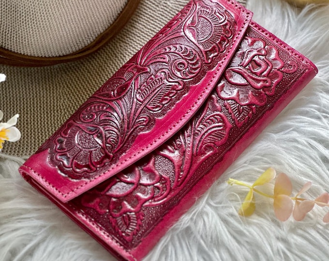 Personalized Leather Wallet for Women – Tooled Floral Western Wallet – Engraved Anniversary Gift for Wife or Mom