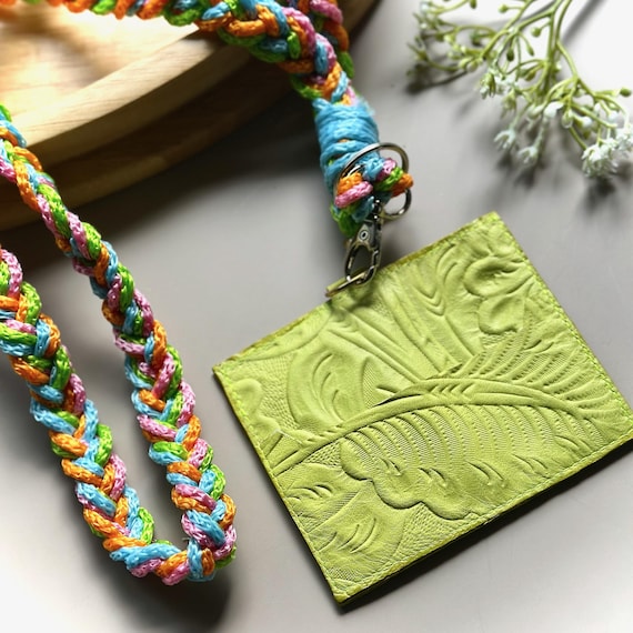Handmade Floral Leather ID Badge Holder with Macramé Lanyard