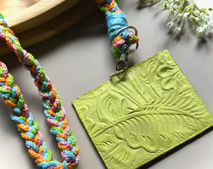 Handmade Leather ID Holder with Macramé Strap • Floral Badge Holder for Teachers & Nurses • Personalized Gift • Office Accessories