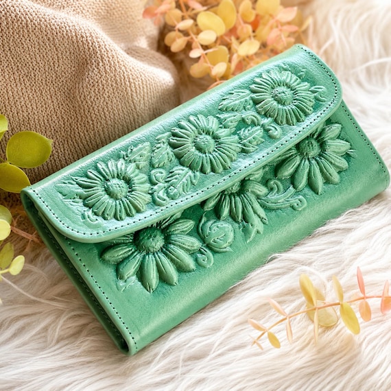 Green Floral Leather Wallet for Women - Boho Tooled Wallet - Personalized Sunflower Wallet - Cottagecore Gift