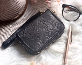 Small Leather Zip Around Wallet • Embossed Floral Wristlet Wallet • Personalized Gift for Women • Monogram Clutch Wallet