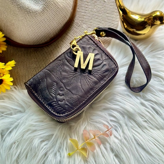 Small Leather Wristlet Wallet – Embossed Handmade Floral Zip-Around Wallet