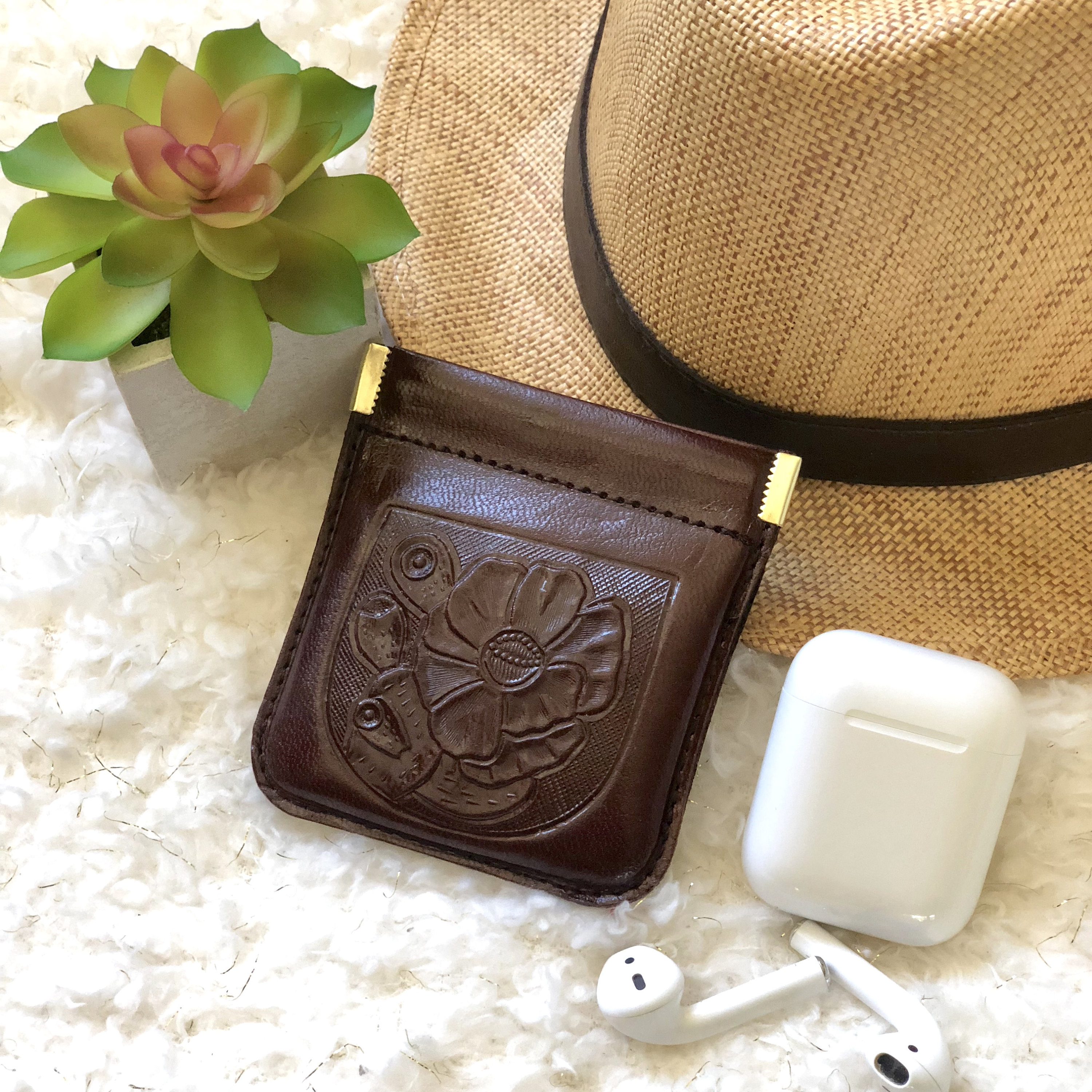 Leather Headphone Case, Tooled Leather coin purse, Tooled Leather