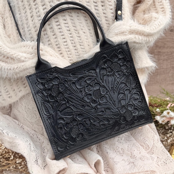 Handmade Tooled Leather Bag, Floral Leather Purse, Western Crossbody Bag, Black Leather Handbag, Boho Cottagecore Purse