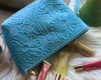 Personalized Leather Makeup Bag: Floral Boho Travel Toiletry Case
