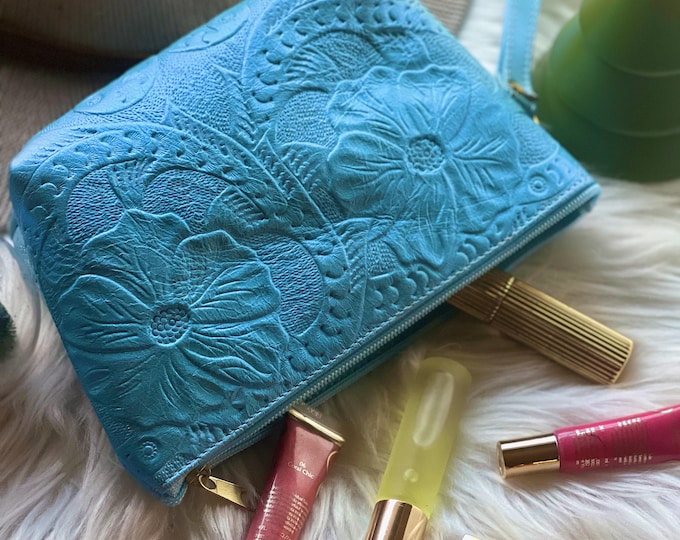 Personalized Leather Makeup Bag: Floral Boho Travel Toiletry Case