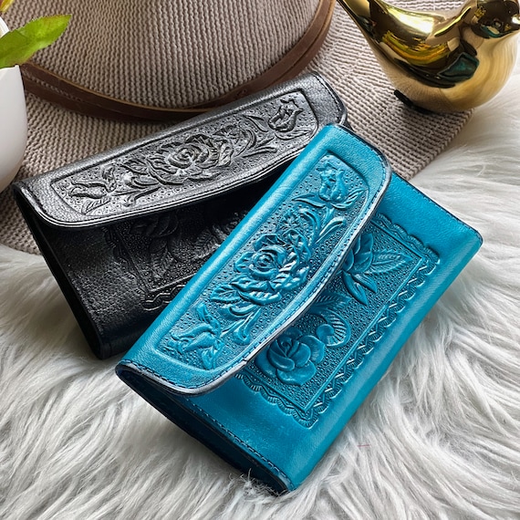 Blue Handmade Leather Wallet: Women's Small Bifold with Zipper Pockets