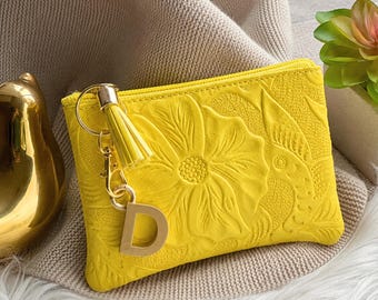 Handcrafted Leather Zipper Pouch: Small Floral Tooled Makeup Bag