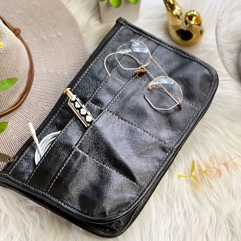 Leder Geldbörse Organizer Insert, Tote Bag mit Reißverschluss, Custom Leder Geschenk für Sie Schwarz