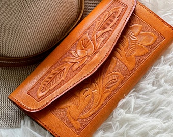 Embossed Leather Women’s Wallet • Vintage Style Floral, Personalized Gift