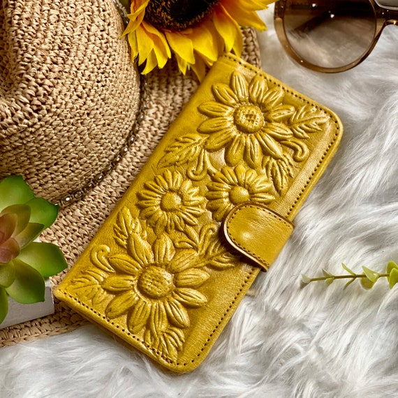 Sunflower Leather Wallet: Handmade Floral Engraved Bifold, Sustainable Gift