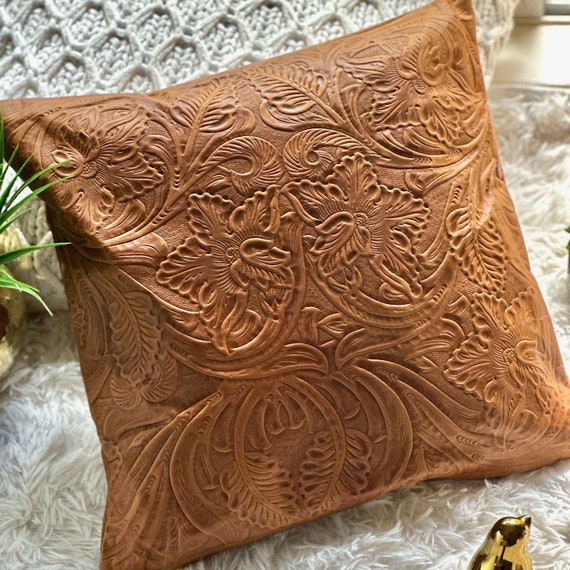 Handmade Tooled Leather Pillow Cover: Boho Home Decor Accent