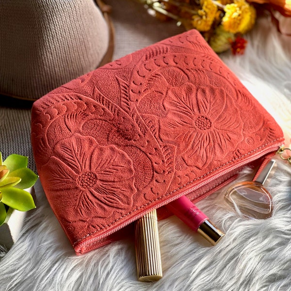 Authentic Leather embossed Makeup Bag • Handmade Cosmetic Bag• Birthday Present •  Gift for her