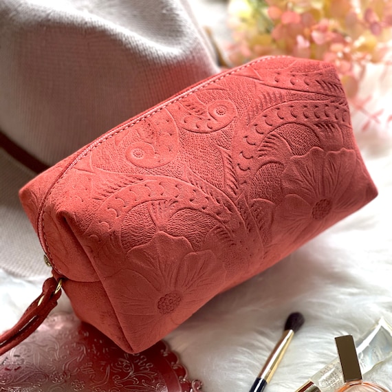 Handmade Floral Leather Makeup Bag: Women's Toiletry Cosmetic Pouch