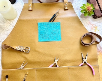 Personalized Leather Apron for Women • Handmade Apron with Pockets • Studio, Crafting & Gardening Apron • Custom Engraved Gift