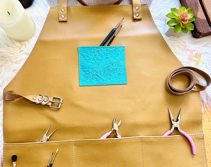 Personalized Leather Apron for Women • Handmade Apron with Pockets • Studio, Crafting & Gardening Apron • Custom Engraved Gift
