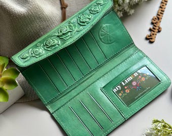 Handmade Leather Trifold Wallet for Women • Embossed Roses • Personalized Victorian Style Gift • Cottagecore Wallet