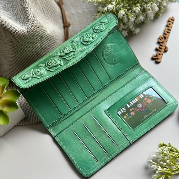 Handmade Leather Trifold Wallet for Women • Embossed Roses • Personalized Victorian Style Gift • Cottagecore Wallet