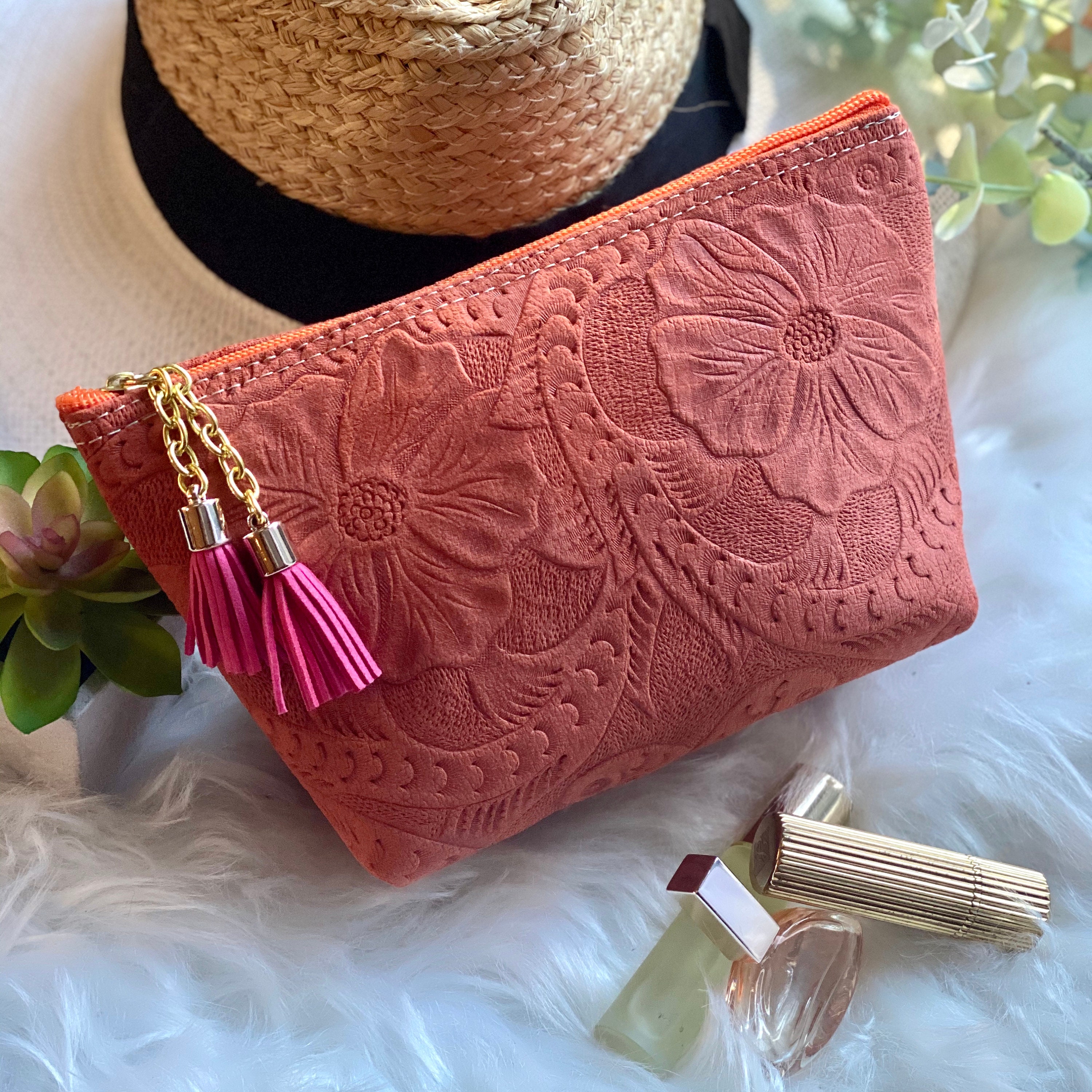 Authentic Leather embossed Makeup Bag Handmade Cosmetic Bag Birthday