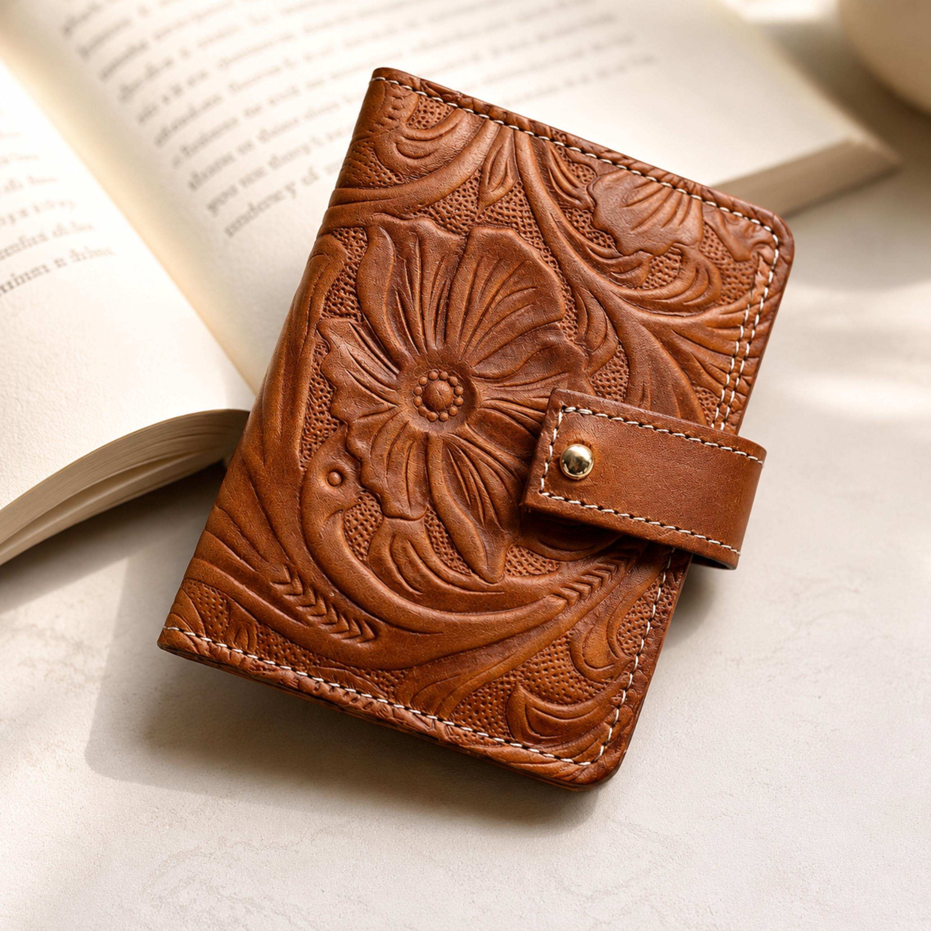Personalized Floral Leather Wallet for Women, Small Tooled Bifold
