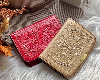 Handmade Leather Small Wallet: Floral Tooled, Minimalist Women's Wallet