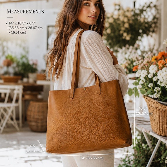 Hand Tooled Leather Tote Bag, Western Floral Shoulder Purse, Personalized Large Work Bag, Handmade Boho Gift for Her