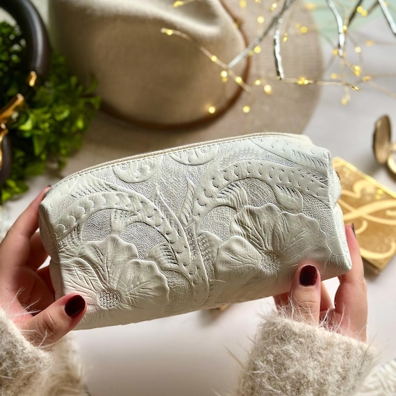 Handmade Leather Floral Makeup Bag: Personalized Boho Cosmetic Case
