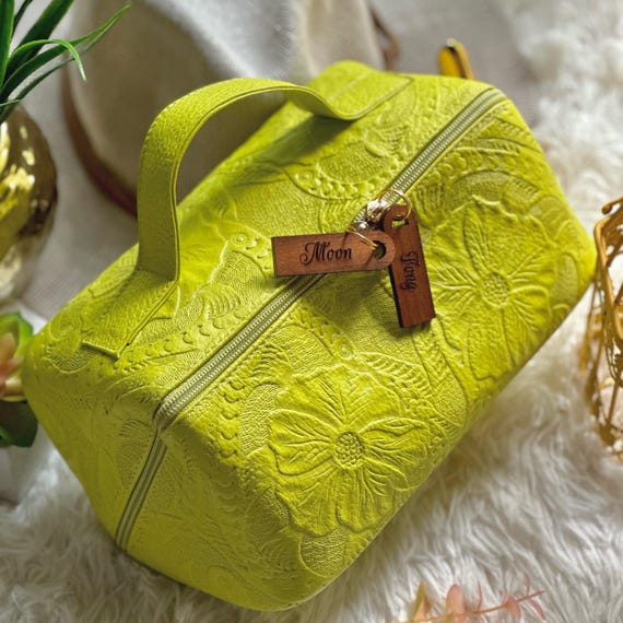 Handcrafted Leather Makeup Bag with Letter Charm: Personalized Organizer